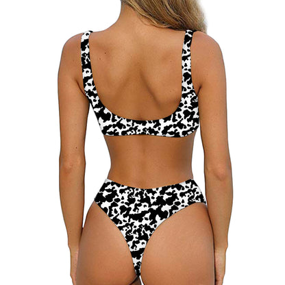 Black And White Cow Pattern Print Front Bow Tie Bikini