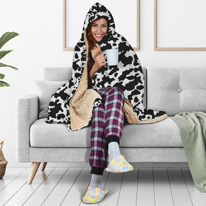 Black And White Cow Pattern Print Hooded Blanket