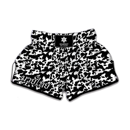 Black And White Cow Pattern Print Muay Thai Boxing Shorts