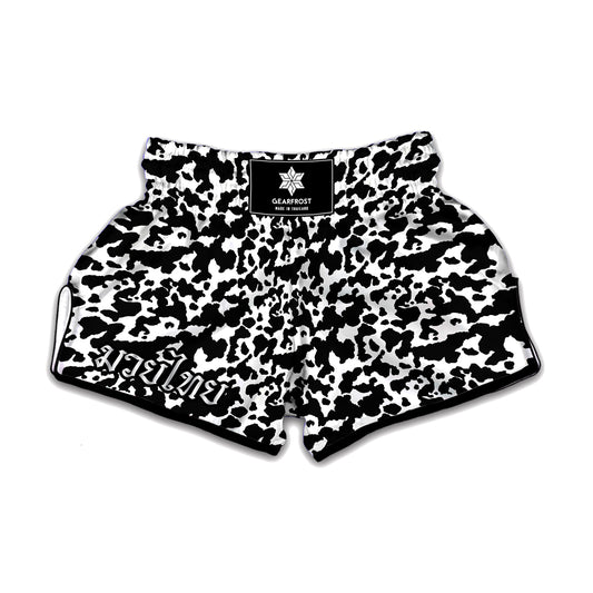 Black And White Cow Pattern Print Muay Thai Boxing Shorts
