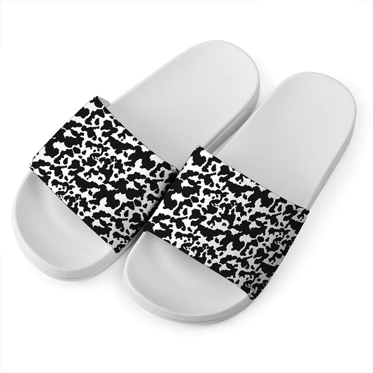 Black And White Cow Pattern Print White Slide Sandals
