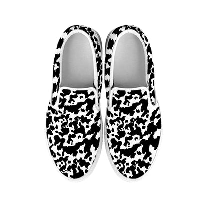 Black And White Cow Pattern Print White Slip On Shoes