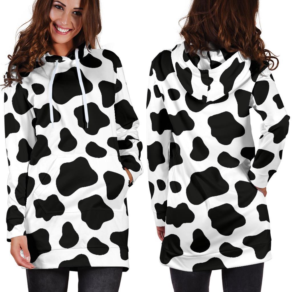 Black And White Cow Print Hoodie Dress GearFrost