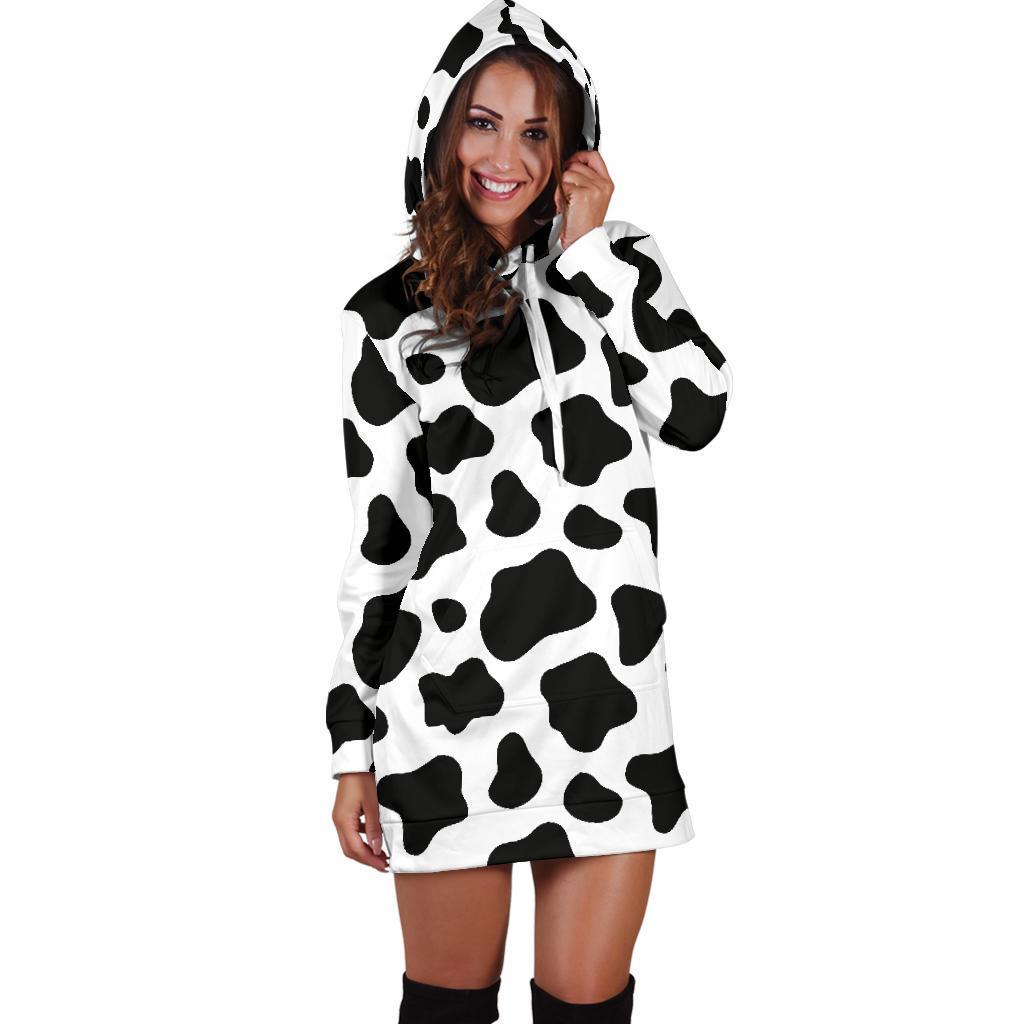 Black And White Cow Print Hoodie Dress GearFrost