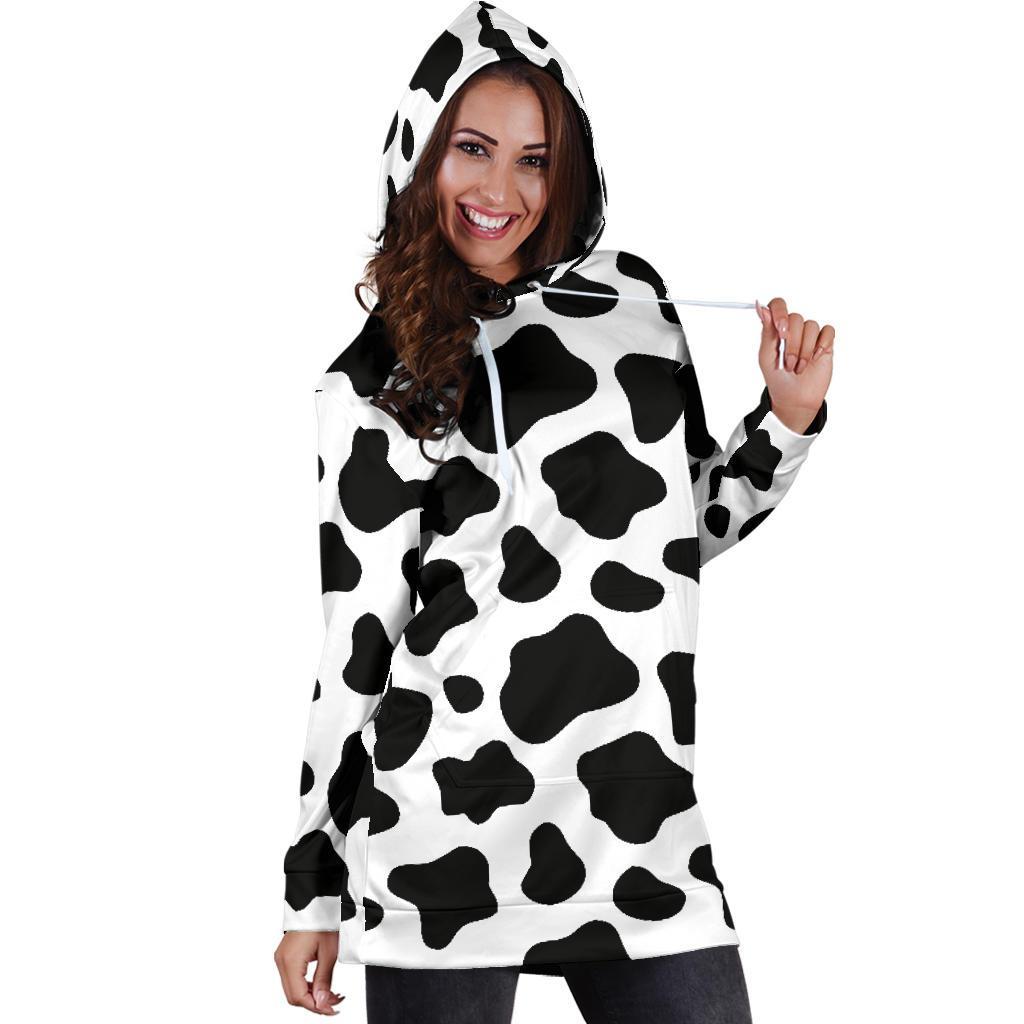 Black And White Cow Print Hoodie Dress GearFrost