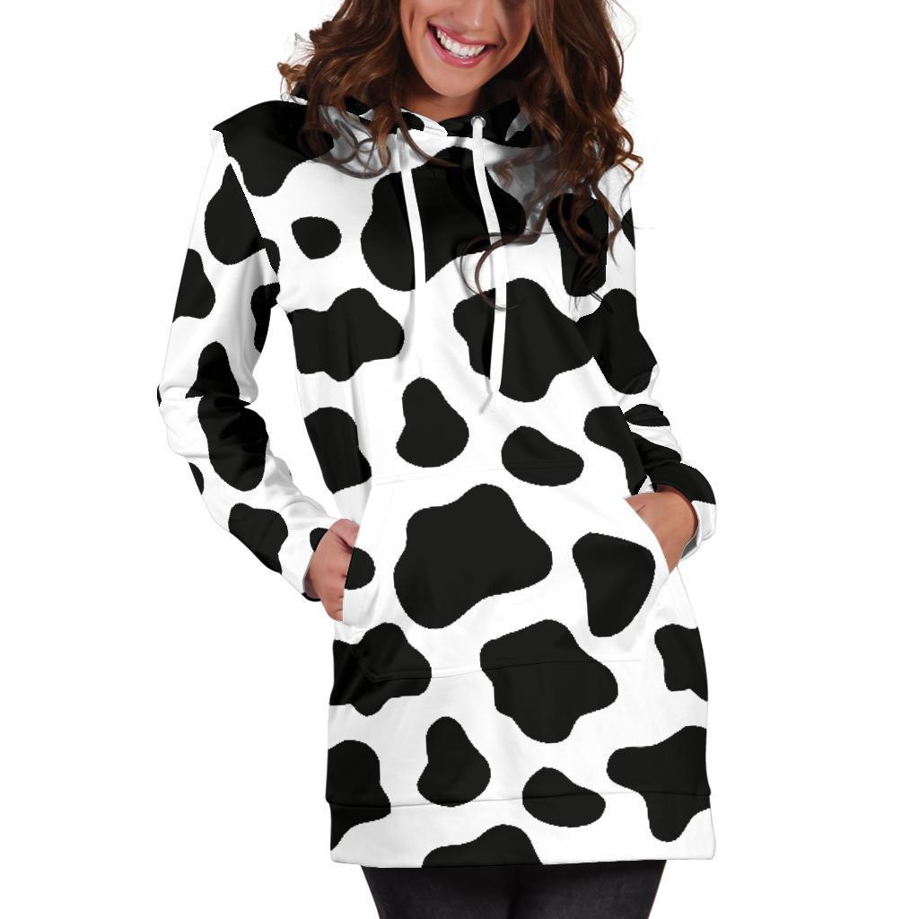 Black And White Cow Print Hoodie Dress GearFrost