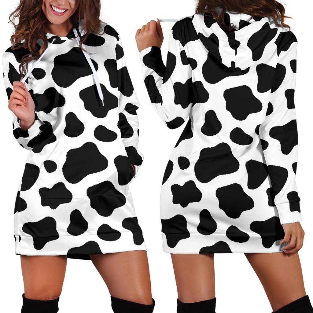 Black And White Cow Print Hoodie Dress GearFrost