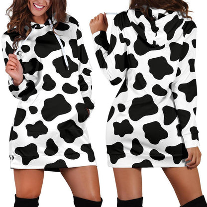 Black And White Cow Print Hoodie Dress GearFrost