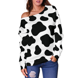 Black And White Cow Print Off Shoulder Sweatshirt GearFrost