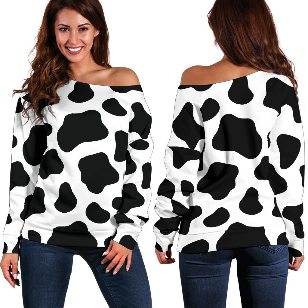 Black And White Cow Print Off Shoulder Sweatshirt GearFrost