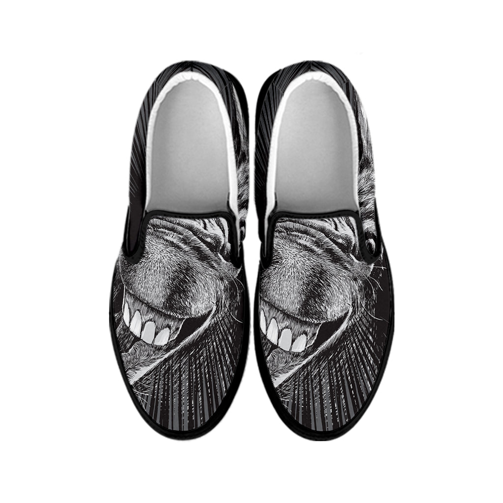 Black And White Crazy Donkey Print Black Slip On Shoes