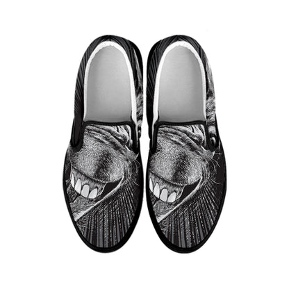 Black And White Crazy Donkey Print Black Slip On Shoes