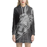 Black And White Crazy Donkey Print Hoodie Dress