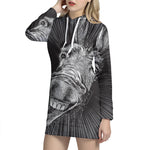 Black And White Crazy Donkey Print Hoodie Dress