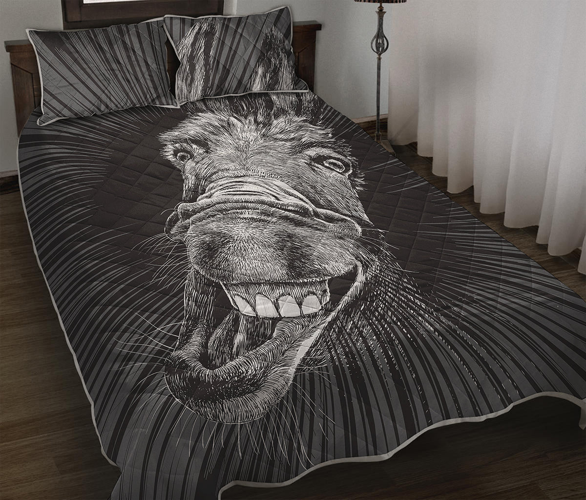 Black And White Crazy Donkey Print Quilt Bed Set