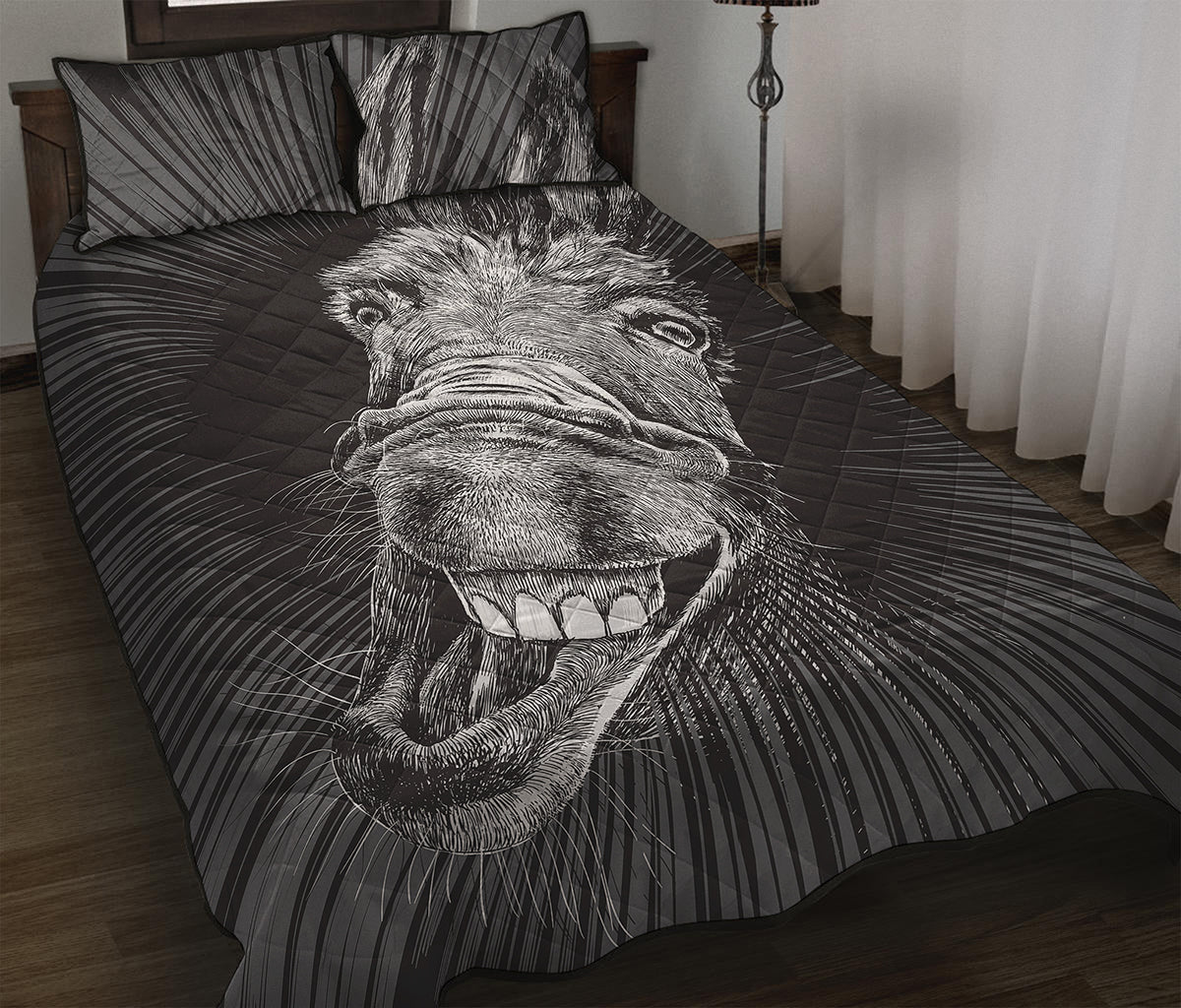 Black And White Crazy Donkey Print Quilt Bed Set