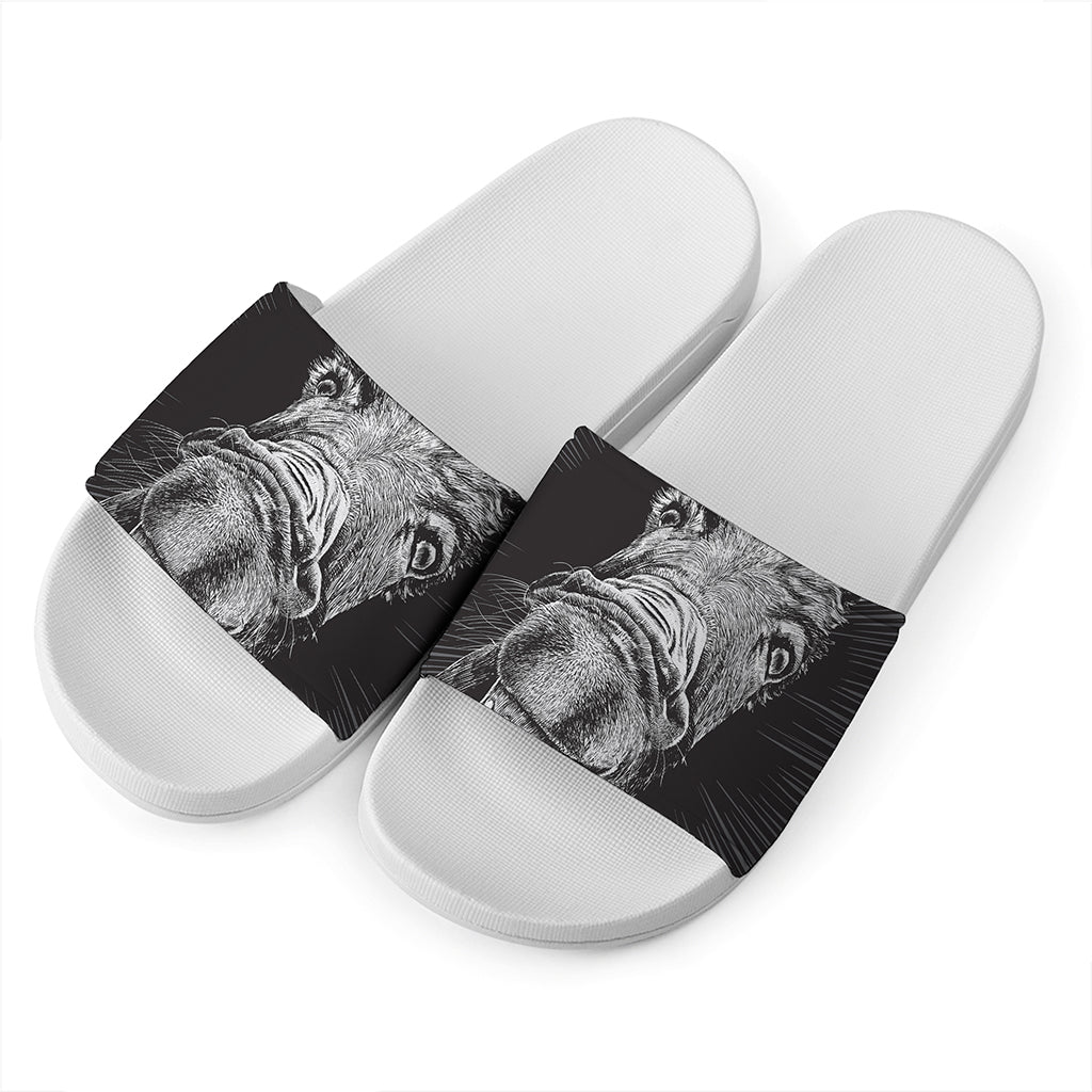 Black And White Crazy Donkey Print White Slide Sandals