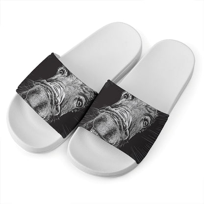 Black And White Crazy Donkey Print White Slide Sandals