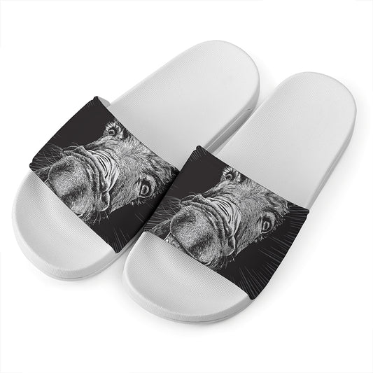 Black And White Crazy Donkey Print White Slide Sandals