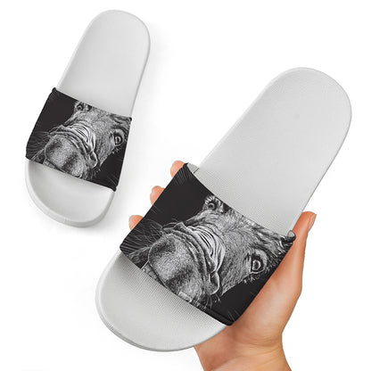 Black And White Crazy Donkey Print White Slide Sandals