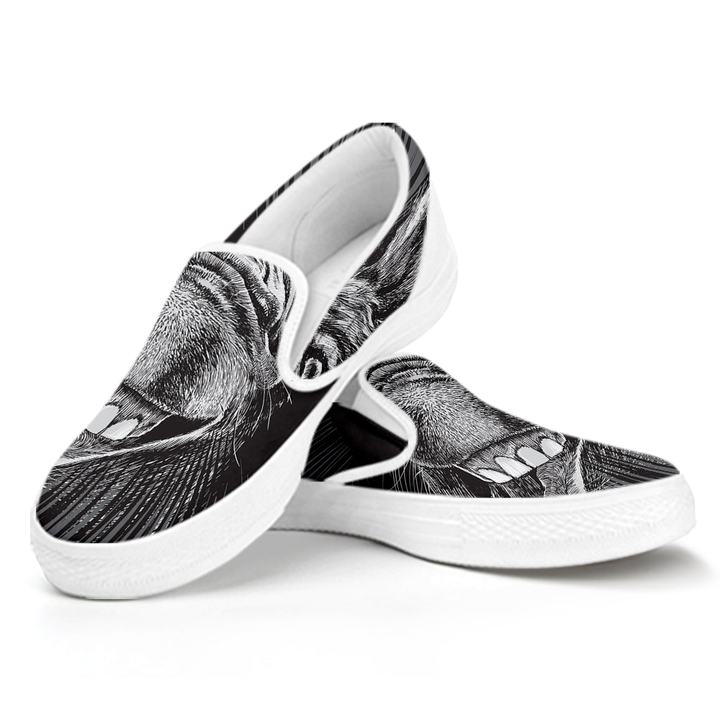 Black And White Crazy Donkey Print White Slip On Shoes