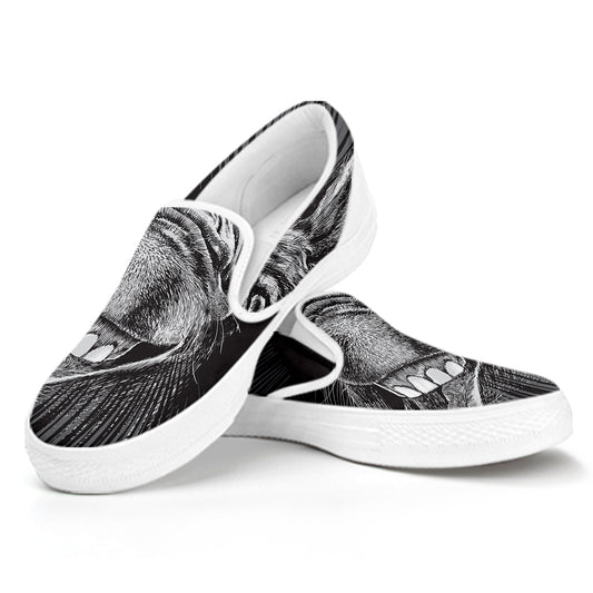 Black And White Crazy Donkey Print White Slip On Shoes