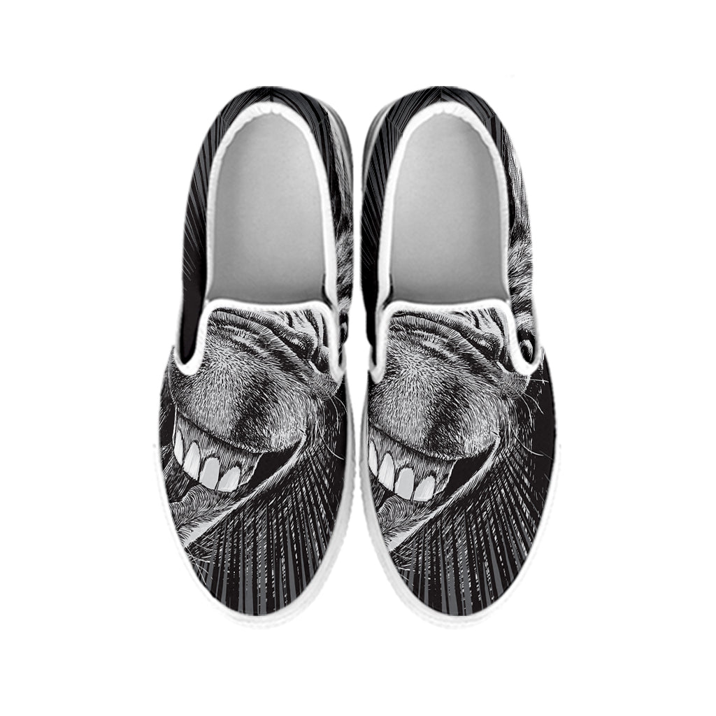 Black And White Crazy Donkey Print White Slip On Shoes