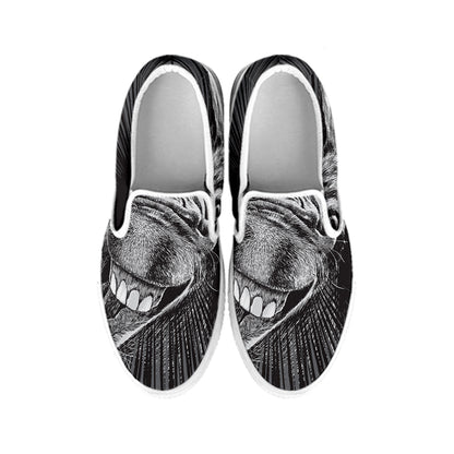 Black And White Crazy Donkey Print White Slip On Shoes