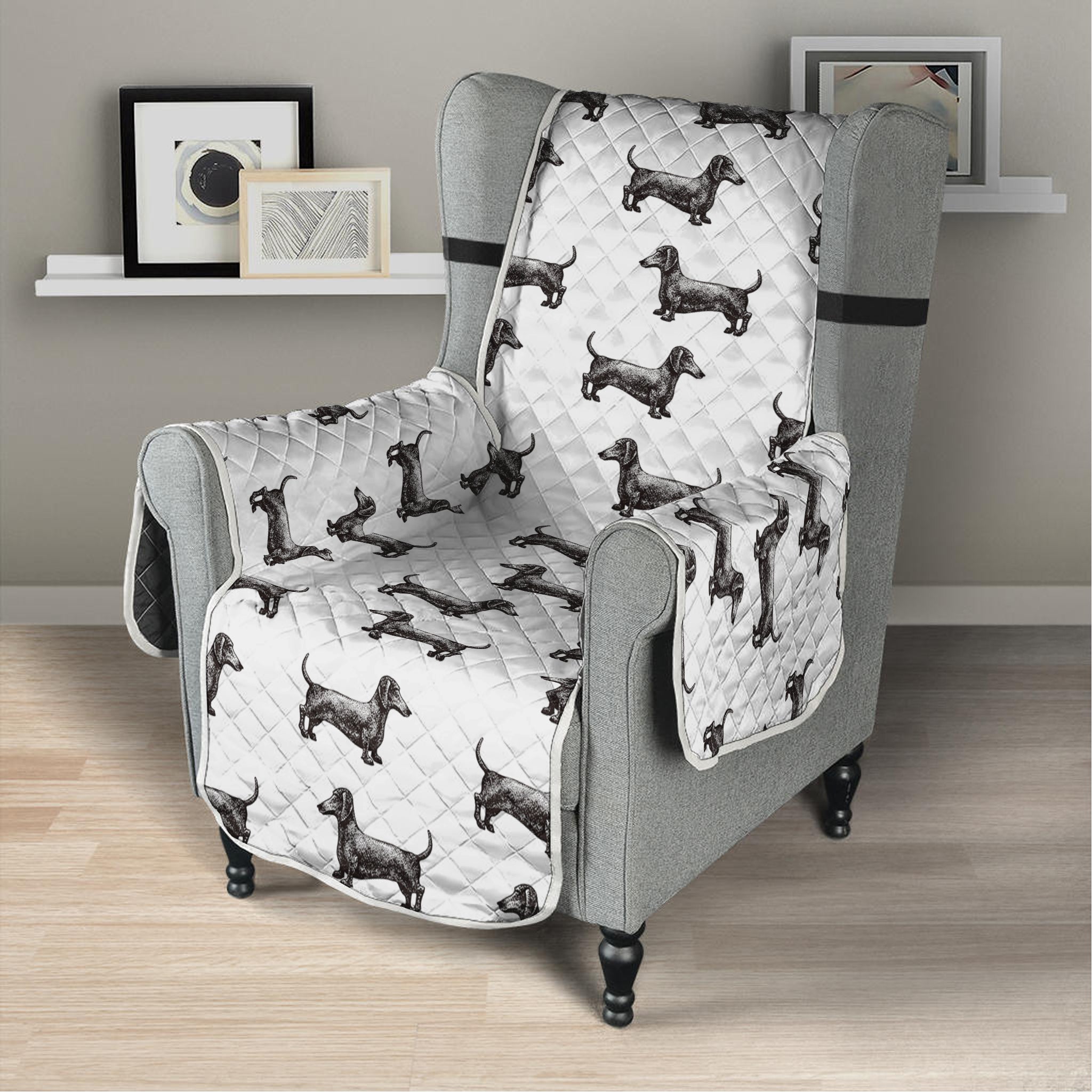 Black And White Dachshund Pattern Print Armchair Protector