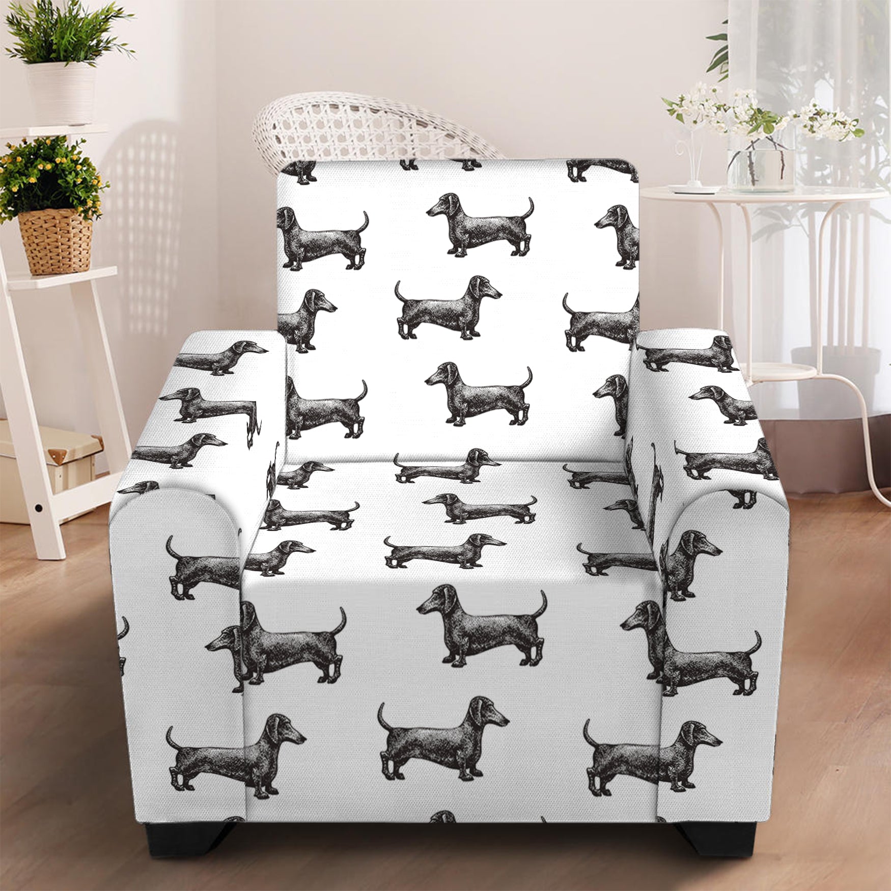 Black And White Dachshund Pattern Print Armchair Slipcover