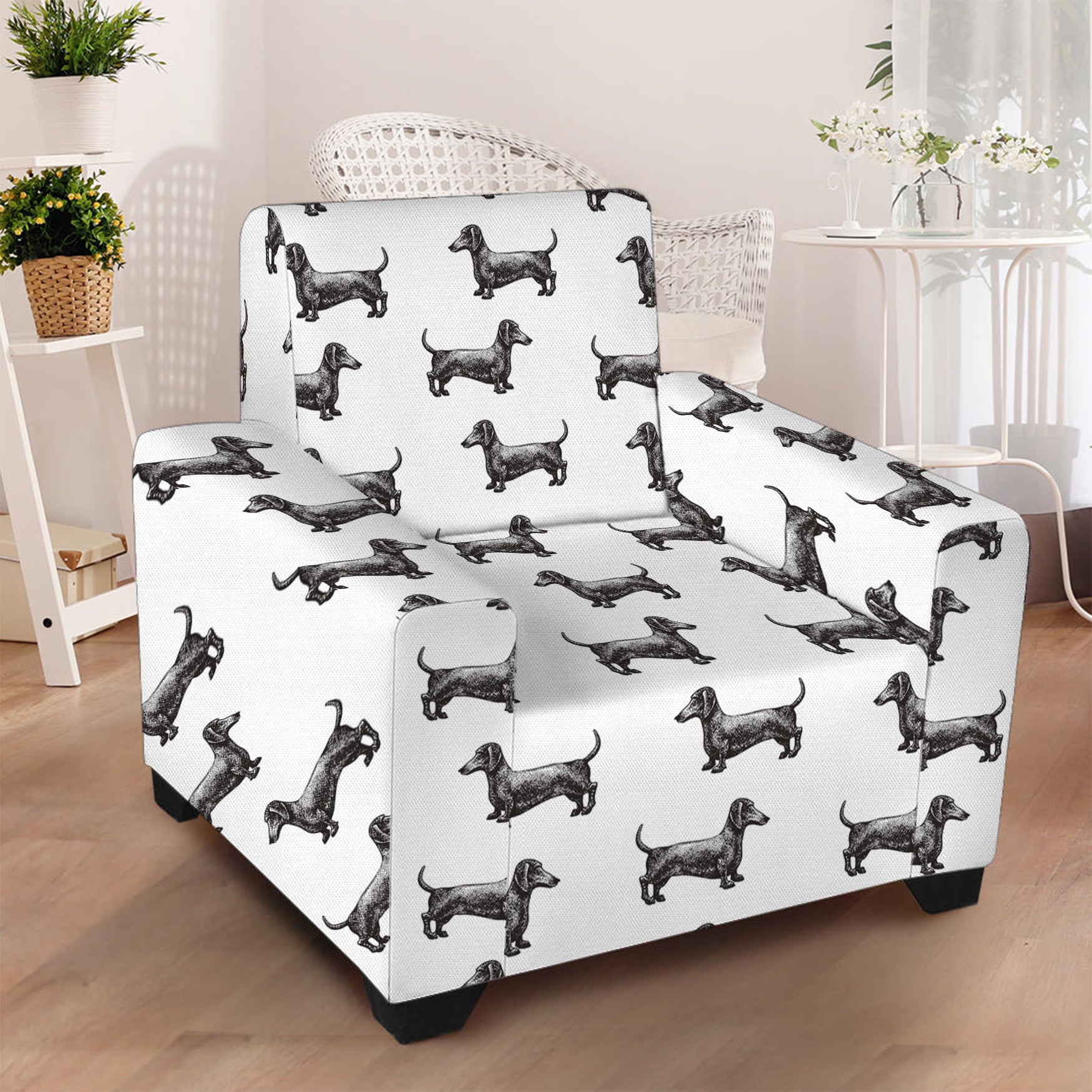 Black And White Dachshund Pattern Print Armchair Slipcover