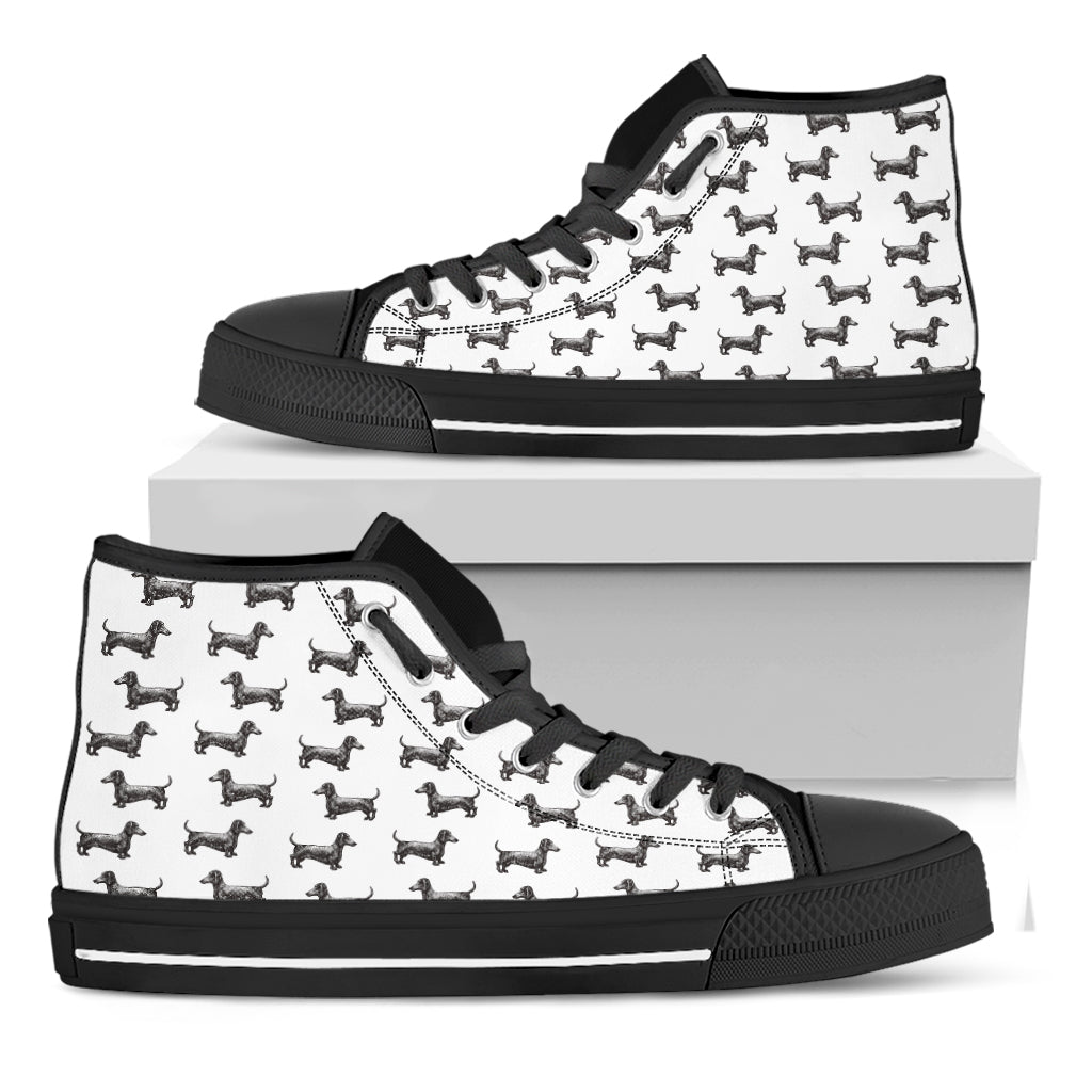 Black And White Dachshund Pattern Print Black High Top Shoes