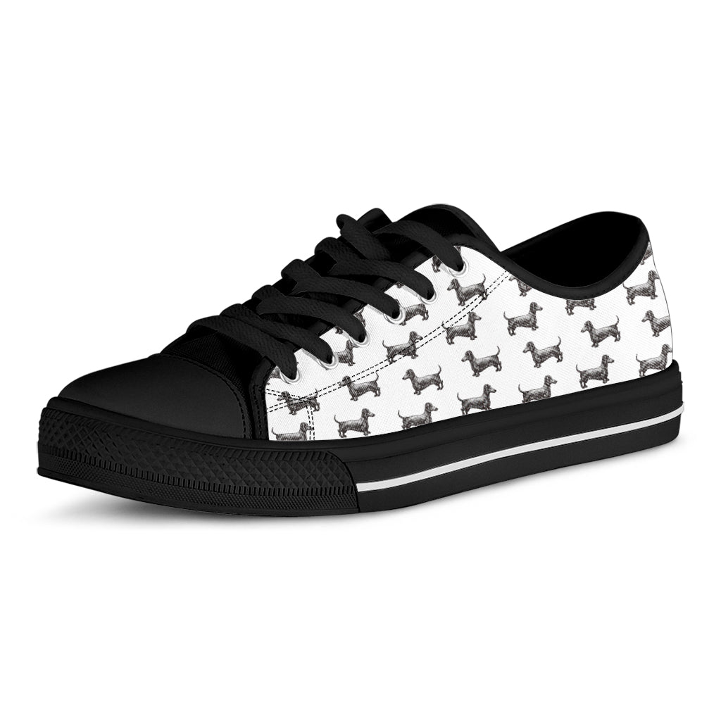 Black And White Dachshund Pattern Print Black Low Top Shoes