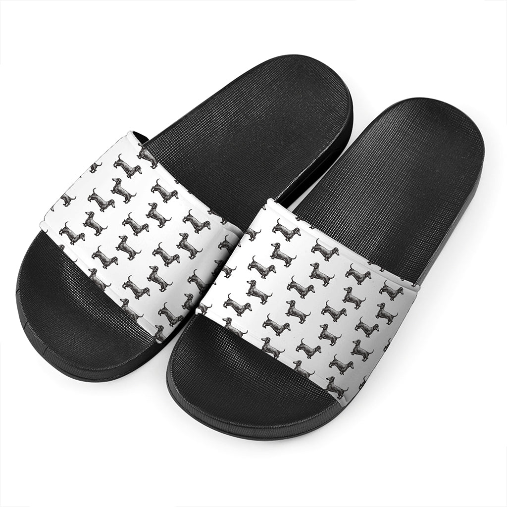 Black And White Dachshund Pattern Print Black Slide Sandals