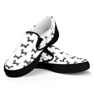 Black And White Dachshund Pattern Print Black Slip On Shoes