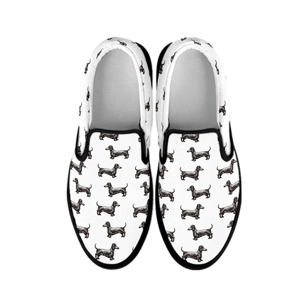 Black And White Dachshund Pattern Print Black Slip On Shoes