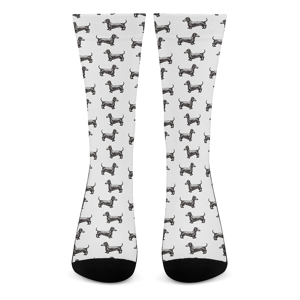 Black And White Dachshund Pattern Print Crew Socks