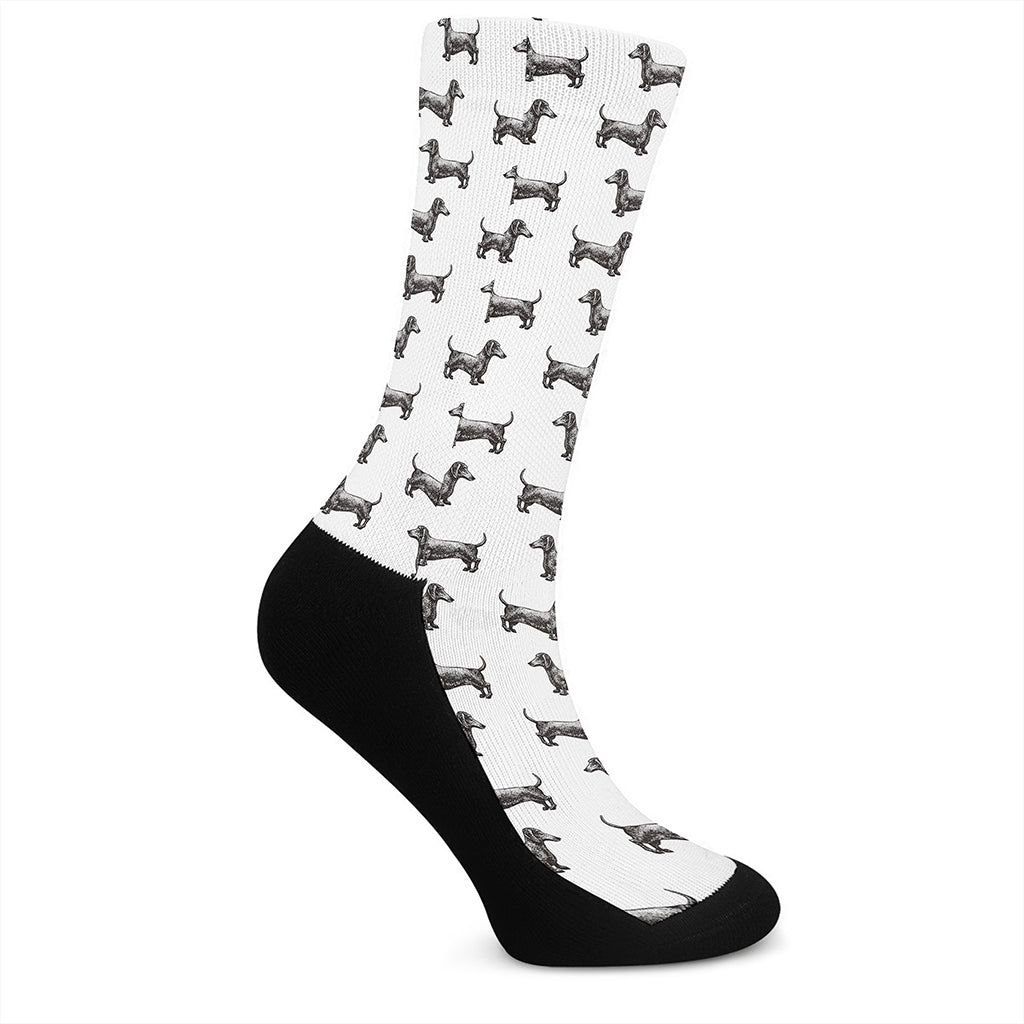 Black And White Dachshund Pattern Print Crew Socks