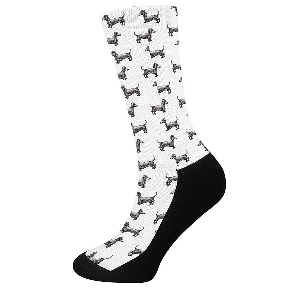 Black And White Dachshund Pattern Print Crew Socks