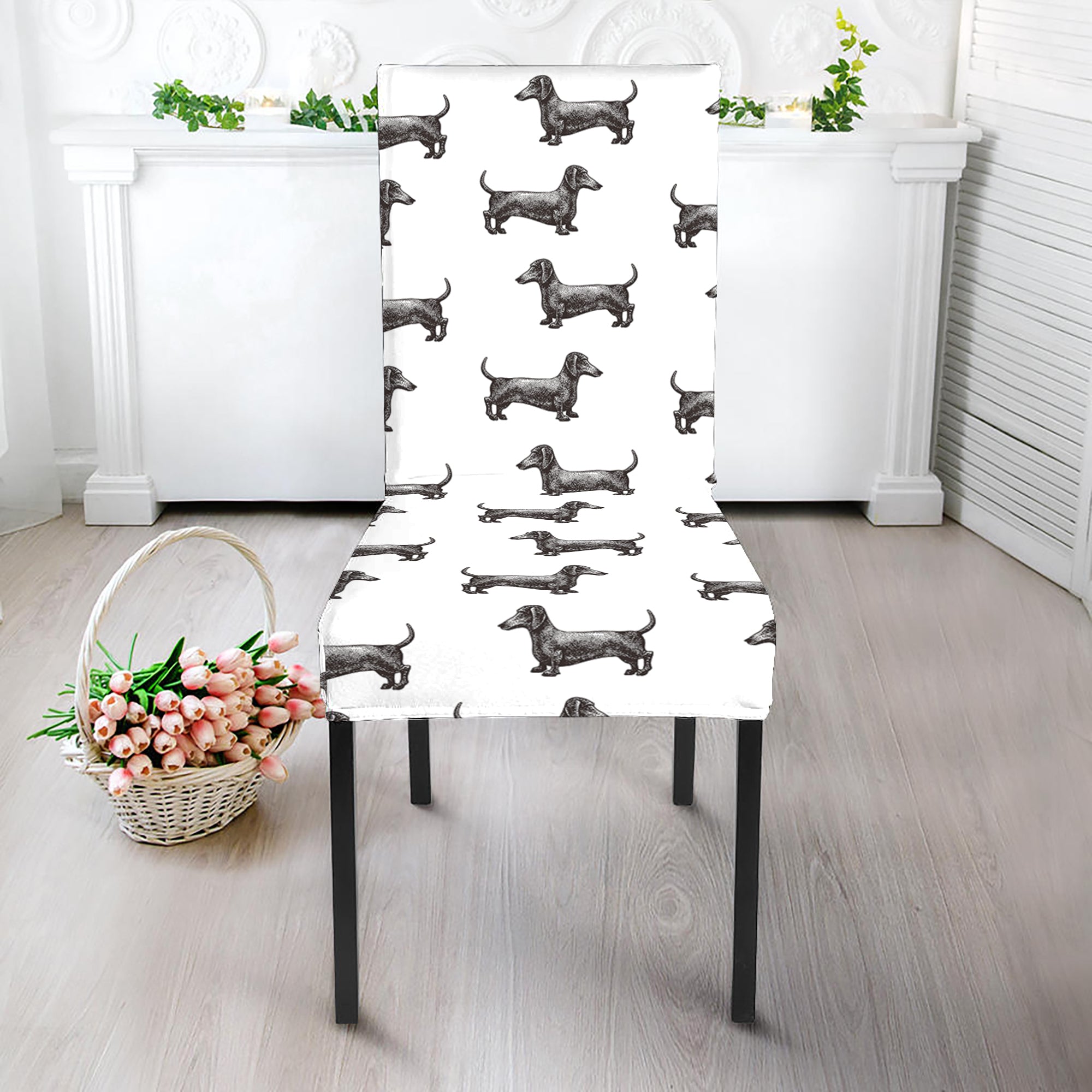 Black And White Dachshund Pattern Print Dining Chair Slipcover