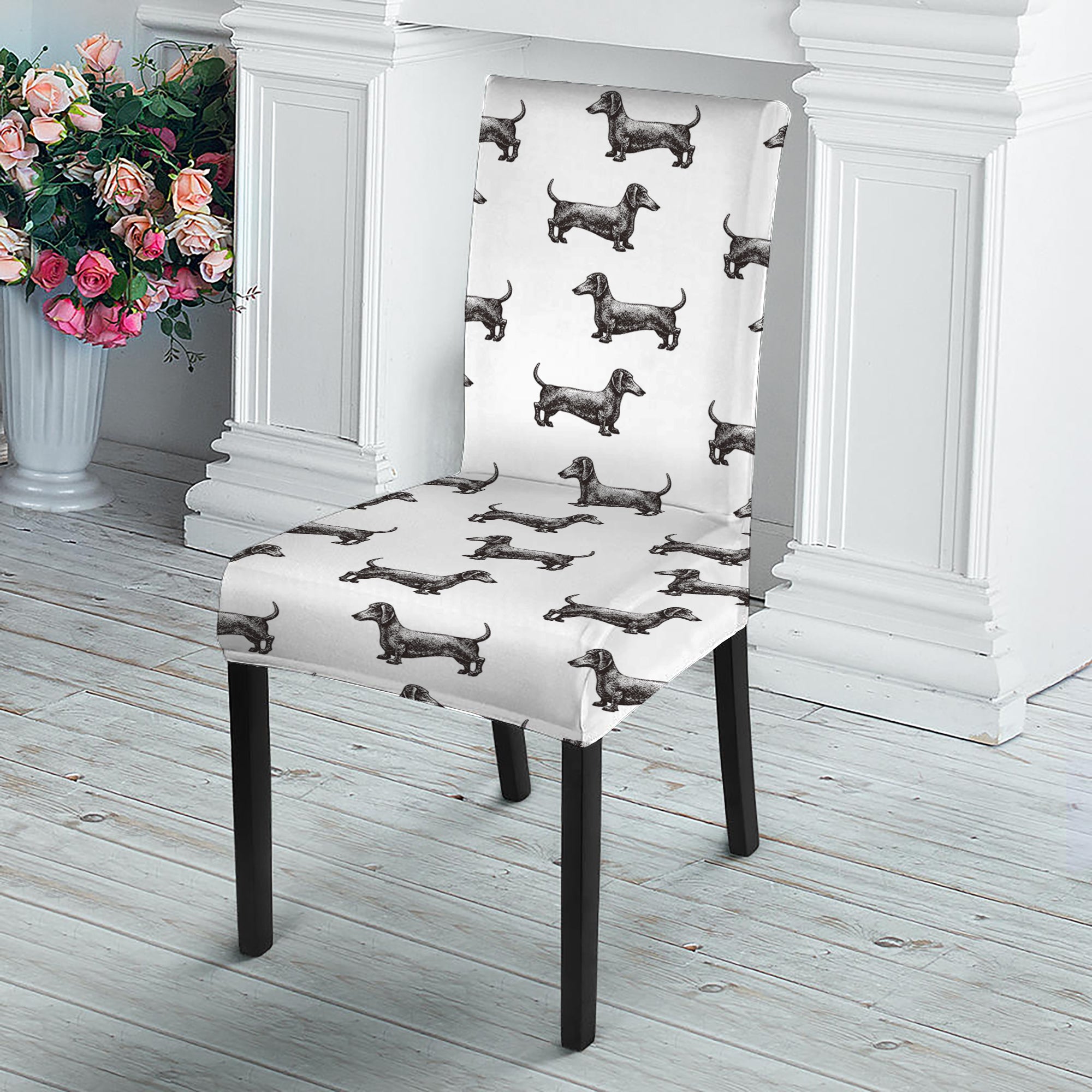 Black And White Dachshund Pattern Print Dining Chair Slipcover