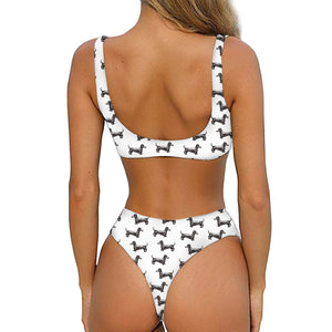 Black And White Dachshund Pattern Print Front Bow Tie Bikini