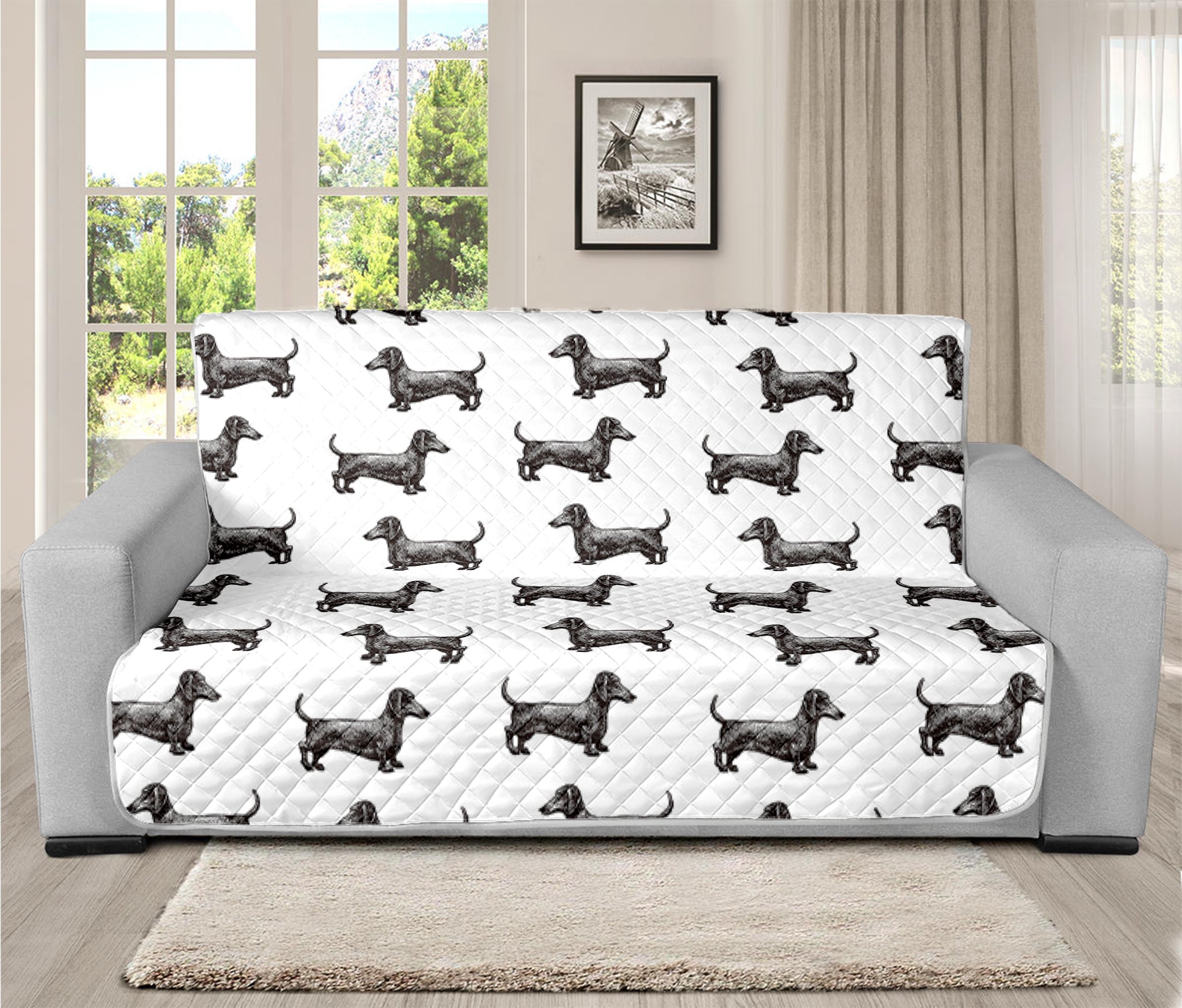 Black And White Dachshund Pattern Print Futon Protector