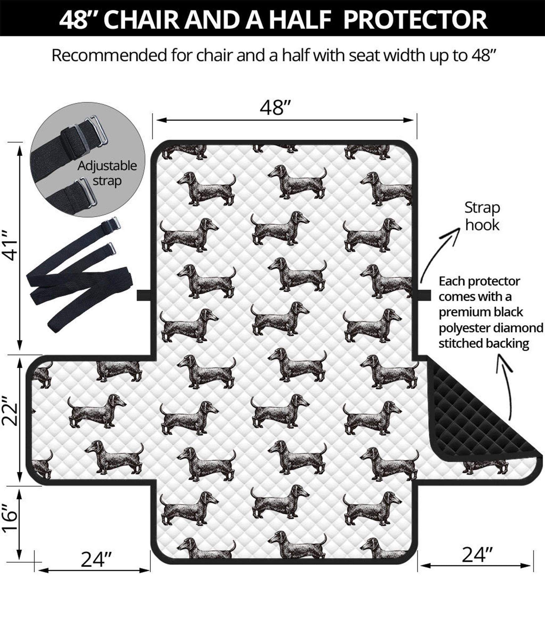 Black And White Dachshund Pattern Print Half Sofa Protector