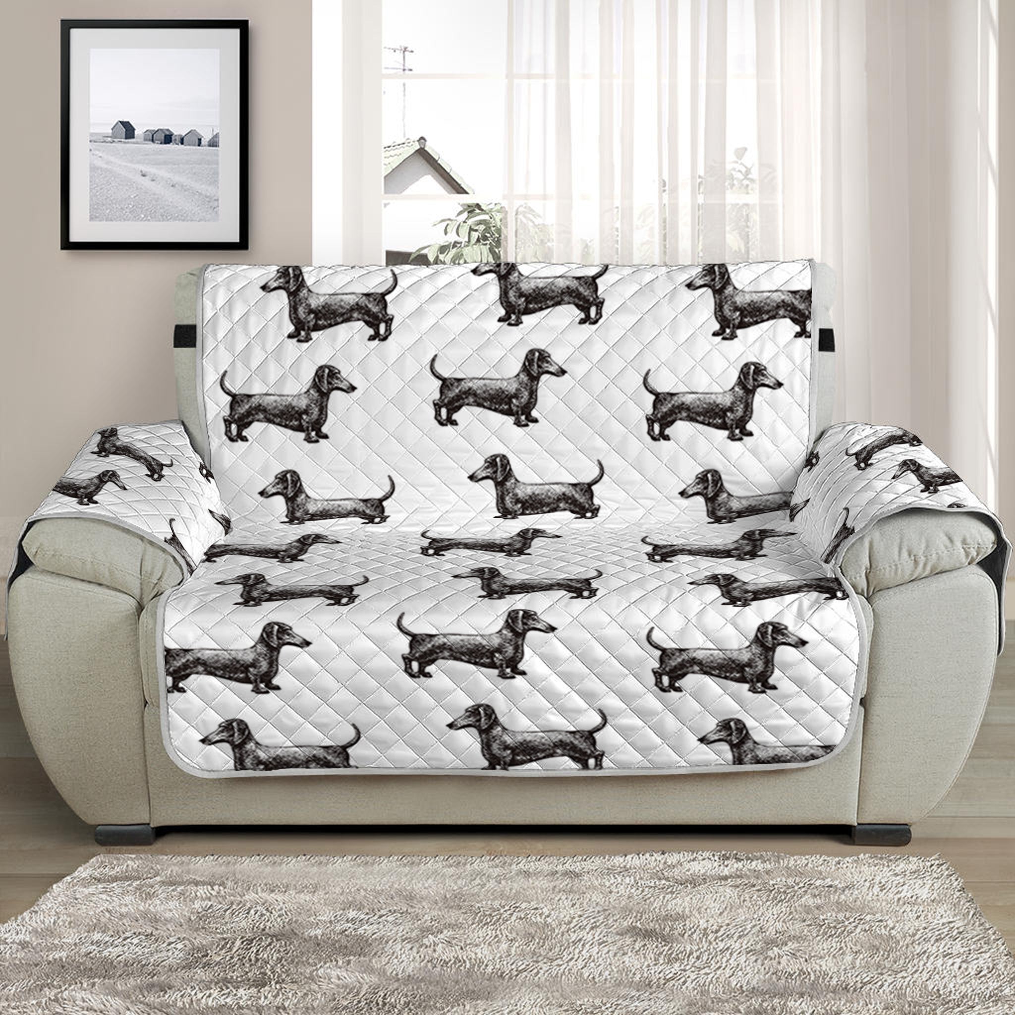 Black And White Dachshund Pattern Print Half Sofa Protector