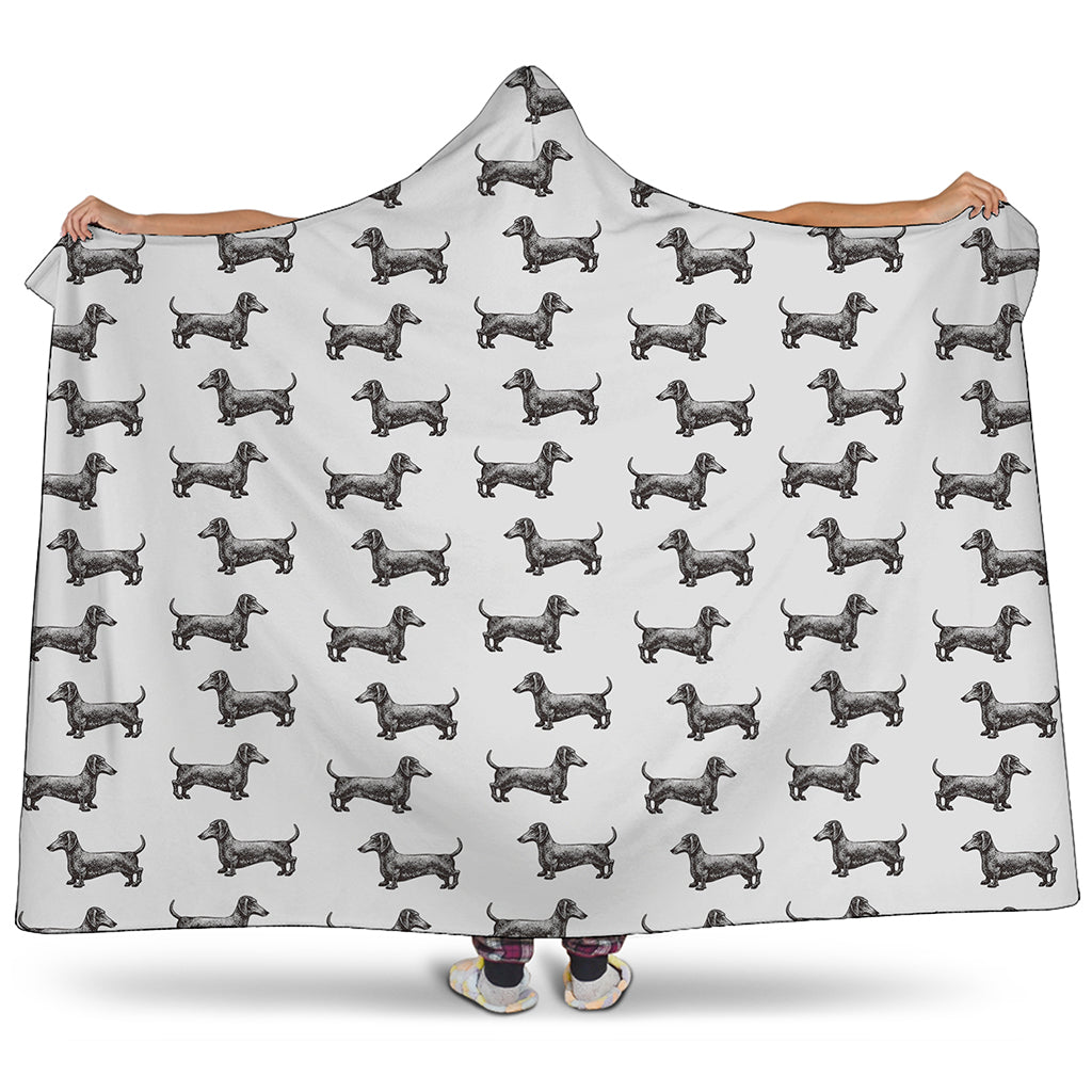 Black And White Dachshund Pattern Print Hooded Blanket