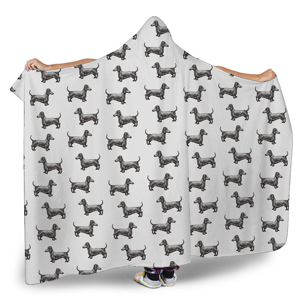 Black And White Dachshund Pattern Print Hooded Blanket