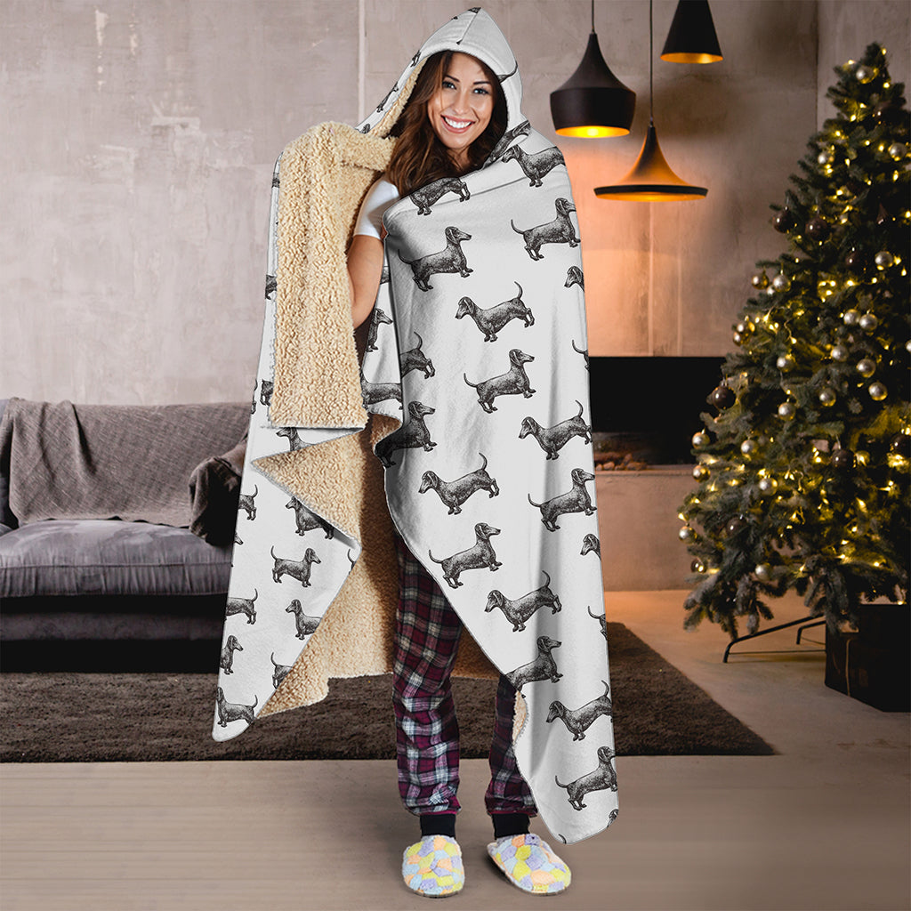 Black And White Dachshund Pattern Print Hooded Blanket