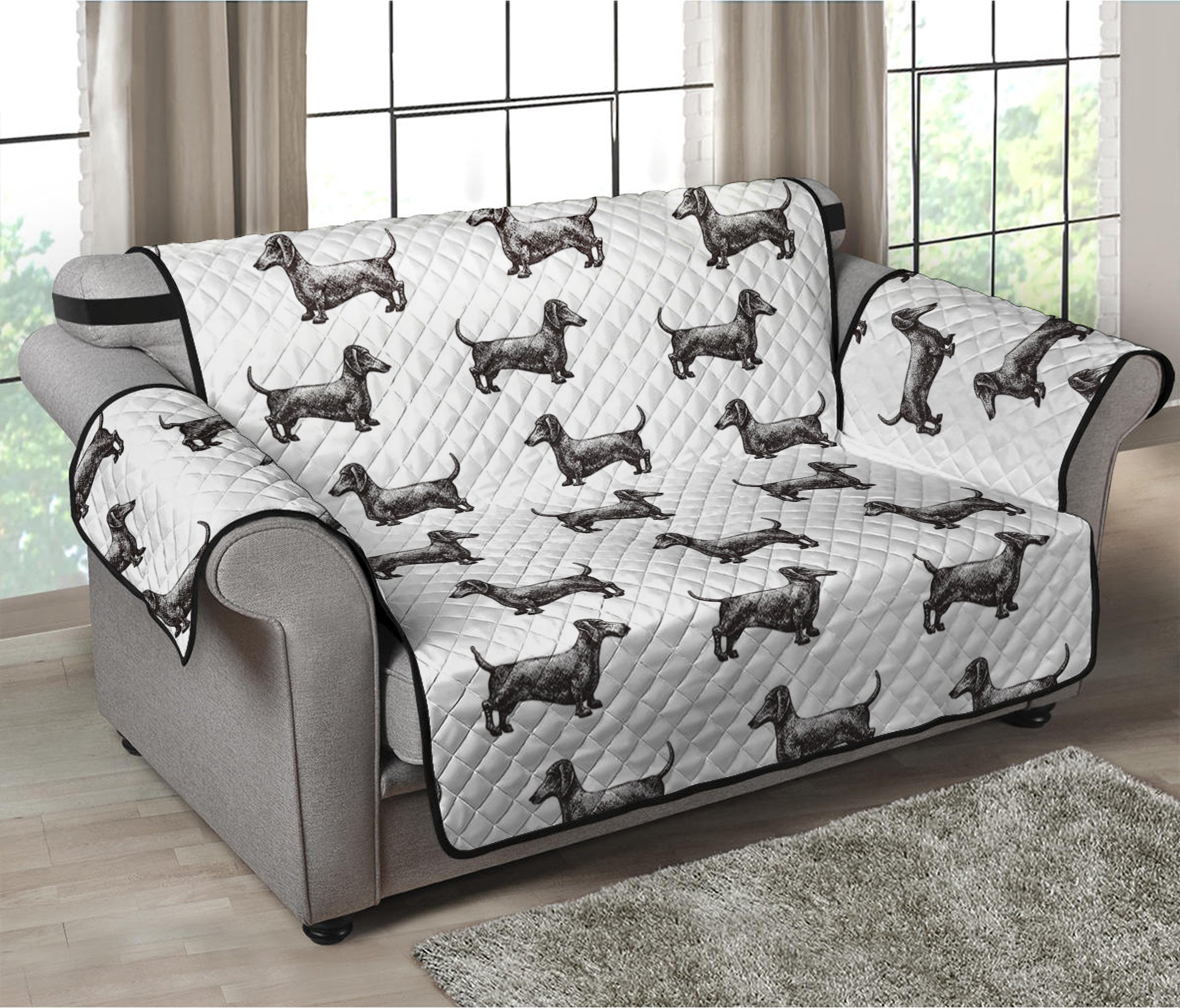 Black And White Dachshund Pattern Print Loveseat Protector