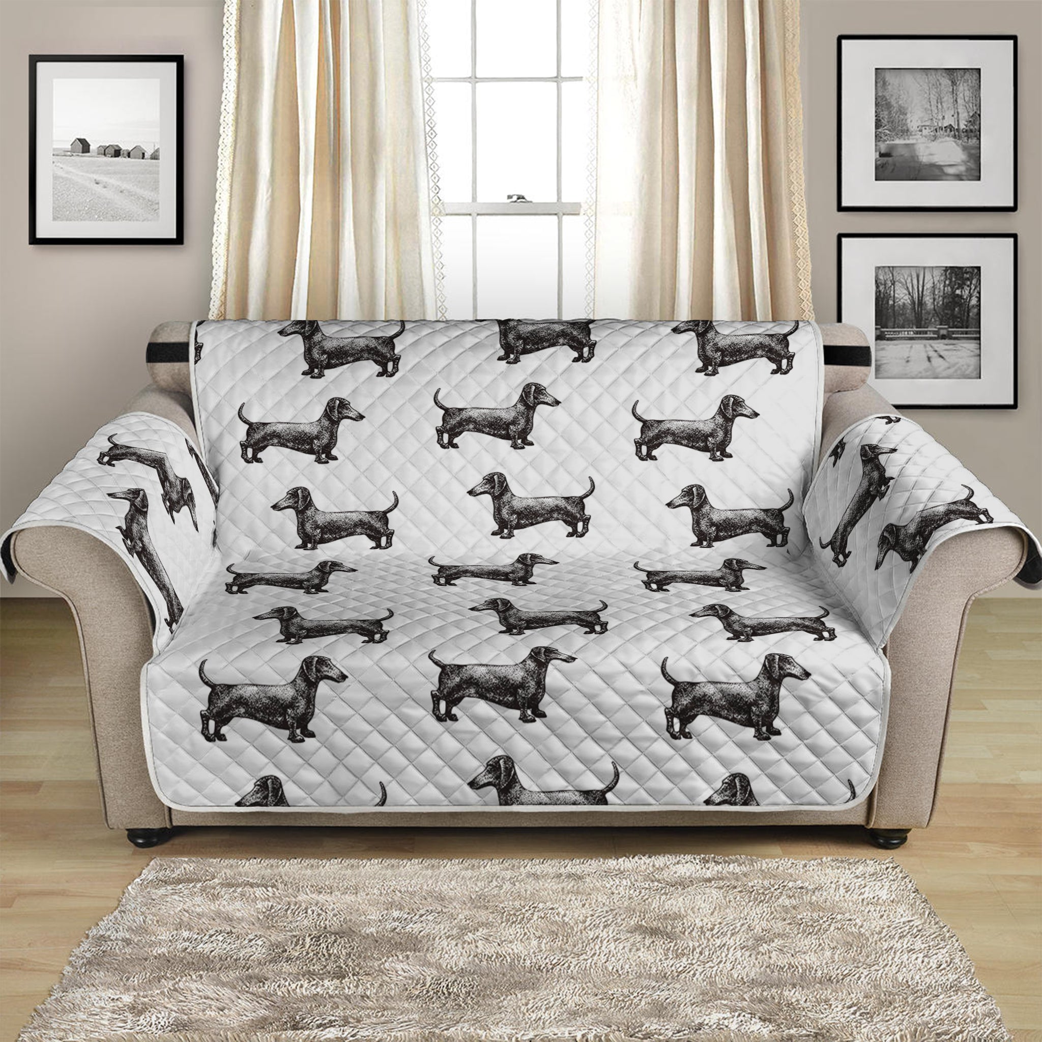 Black And White Dachshund Pattern Print Loveseat Protector